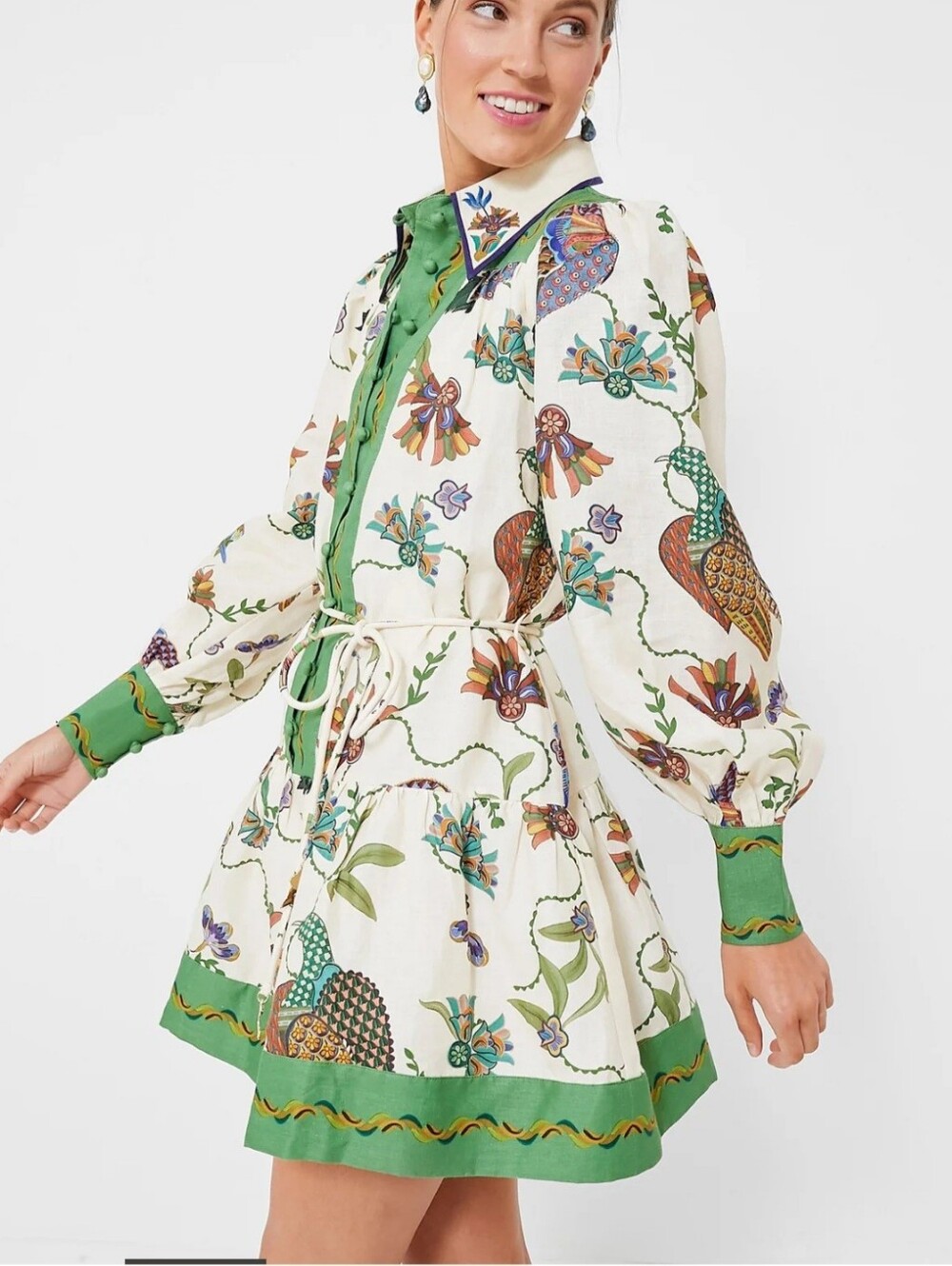 Birdie Belted Printed Mini Shirt Dress Small Long Sleeve